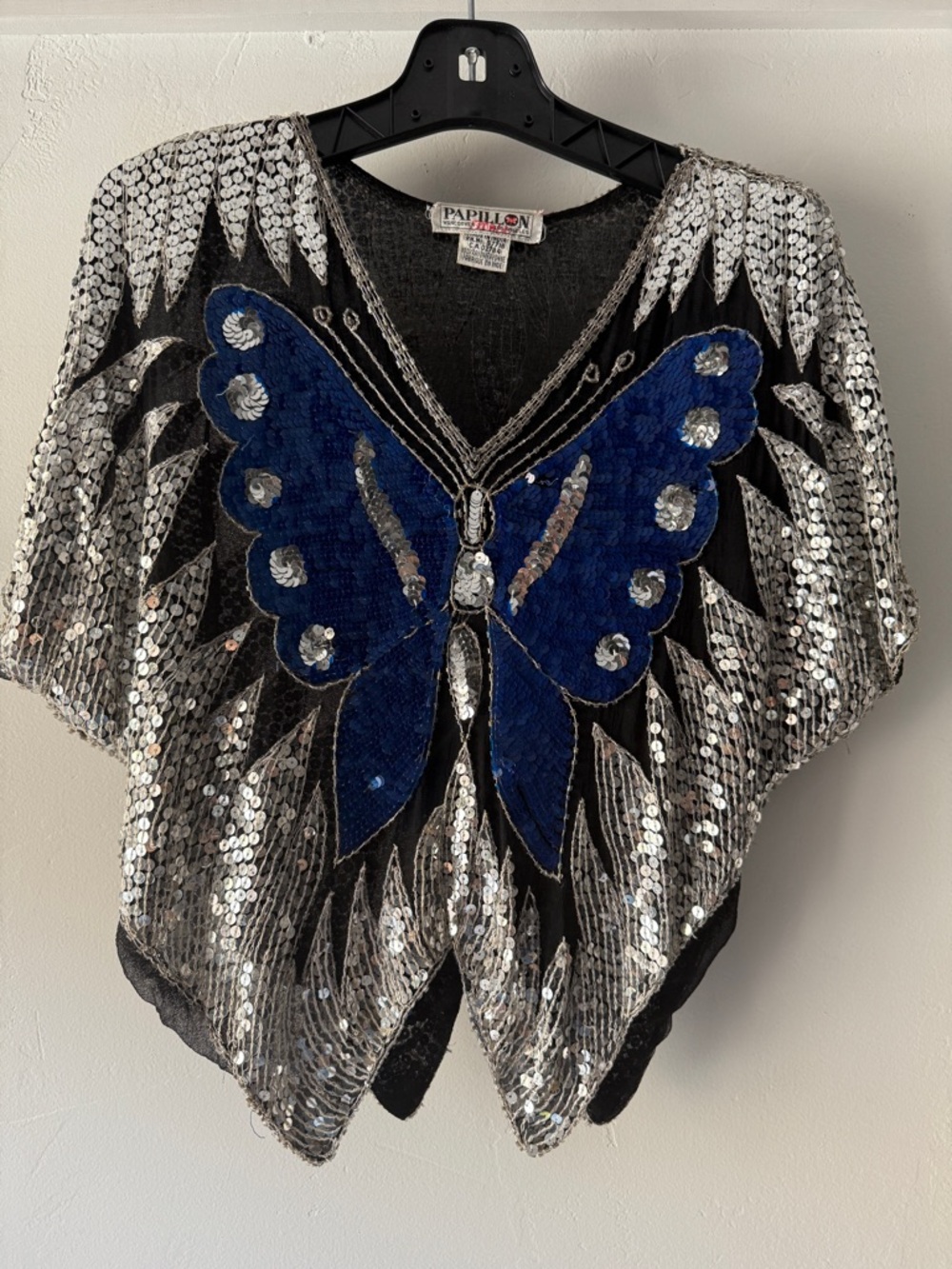 Vintage Sequin Butterfly Top in Blue & Silver Disco Size S/M